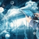 Visual with man and tablet and graphic like gears around.