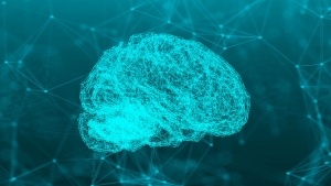 Illustration of a brain in blue green tones.